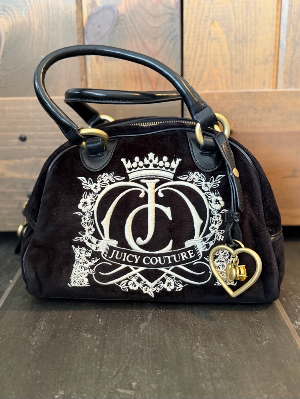 Juicy Couture Black Velvet Satchel with White Crest and Gold Heart Charm